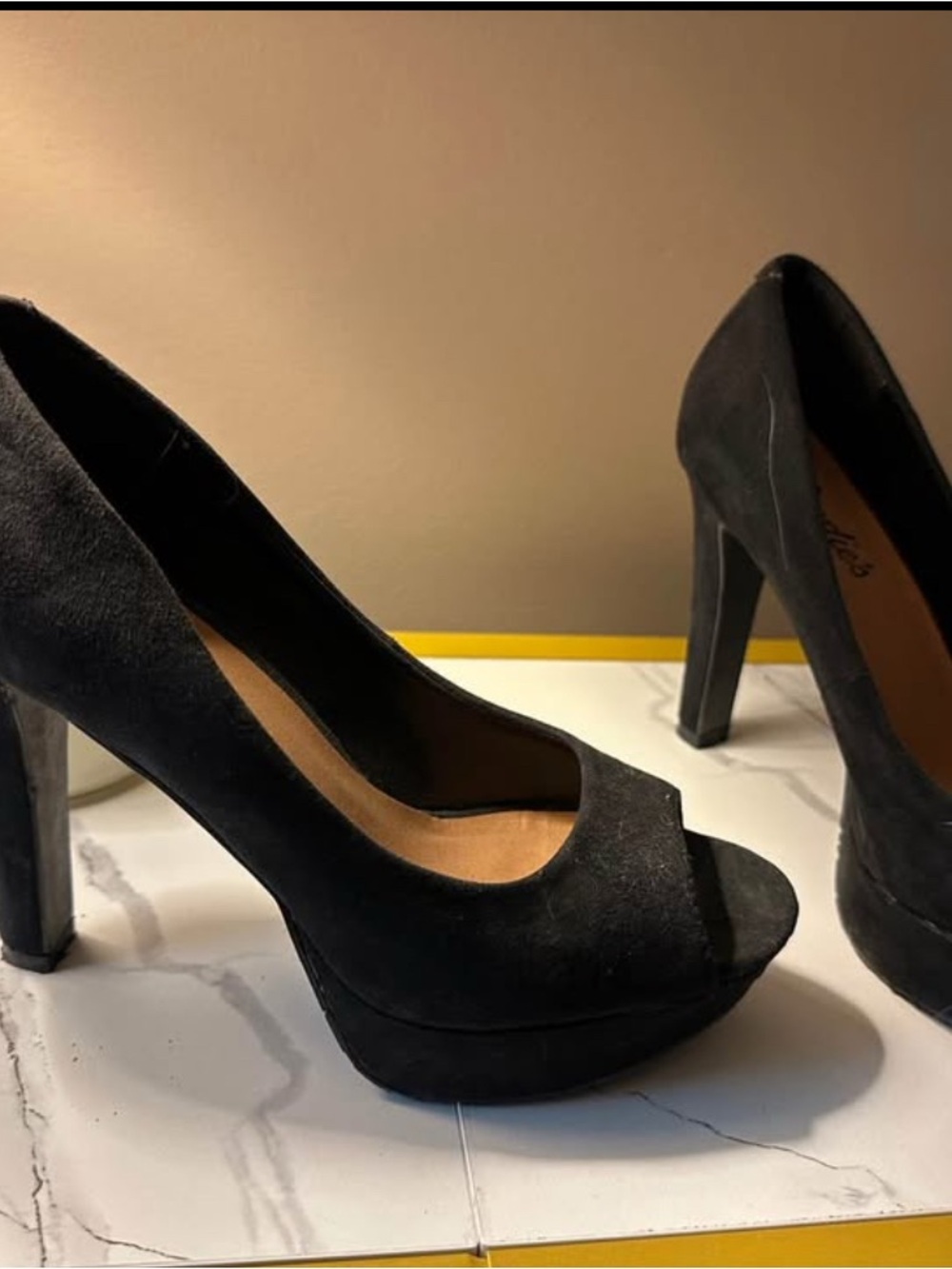 Candie's Black Suede Peep-Toe Platform Pumps